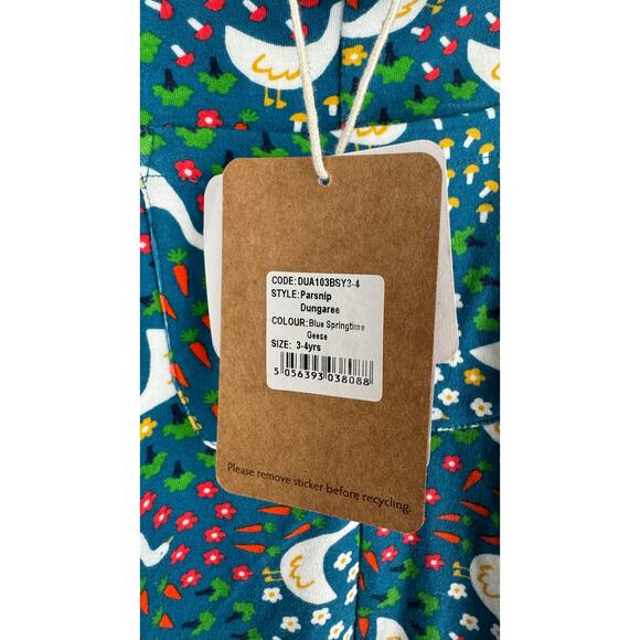 Frugi Parsnip Dungaree Blue Springtime Geese Unisex Kid 3-4Y Overalls New Cotton - Picture 7 of 9